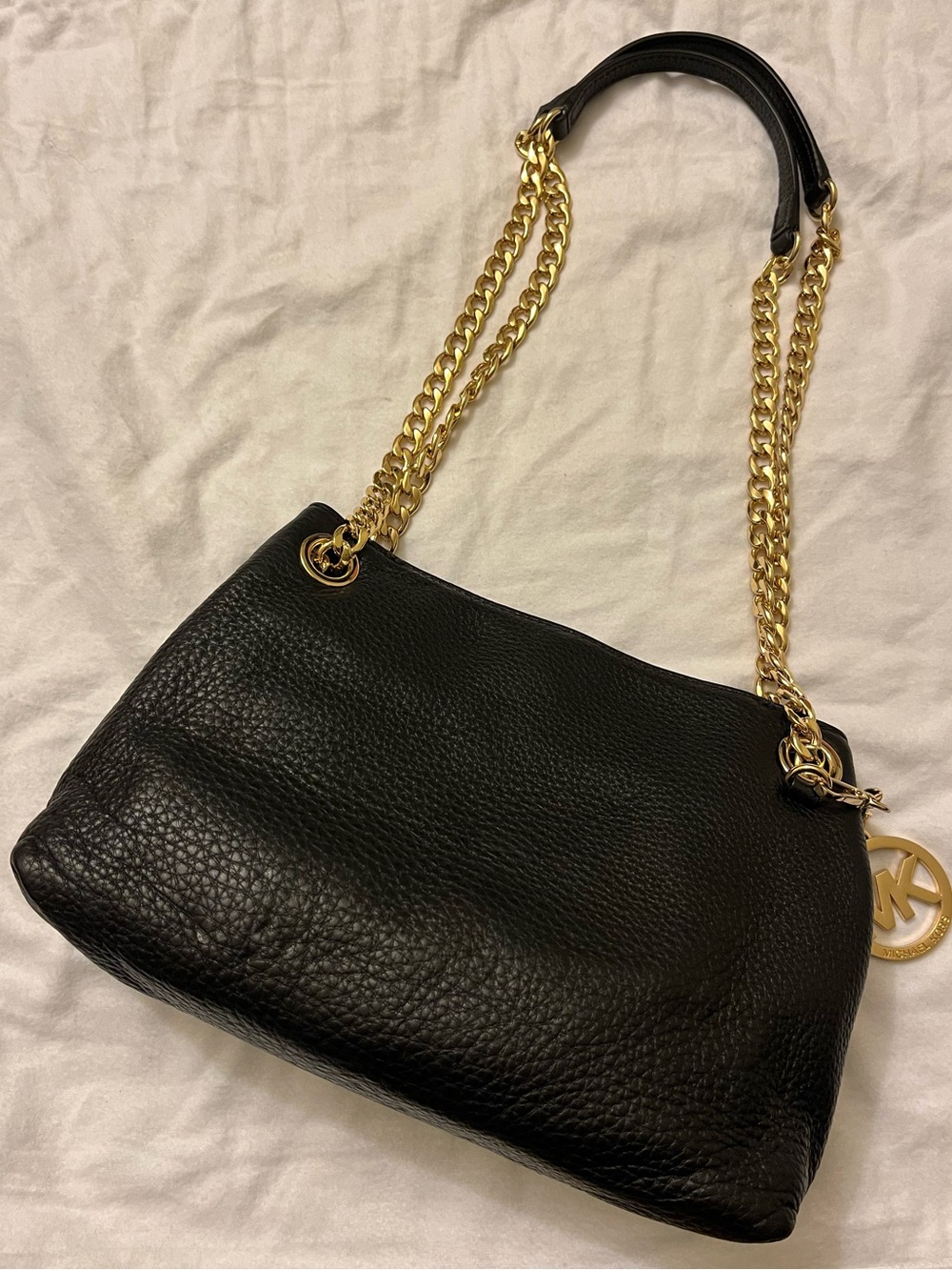NWT Michael Kors Black Pebbled Leather Shoulder Bag with Gold Chain Detail